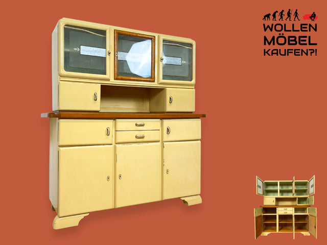 WMK I Schöne 30er Jahre Küchenanrichte aus vollem Holz mit Originalgläsern und Keramik Schütten I Küche Büffet Büfett Küchenschrank Anrichte Kredenz Art Deco Vintage 40er 50er Berlin Dresden Münster