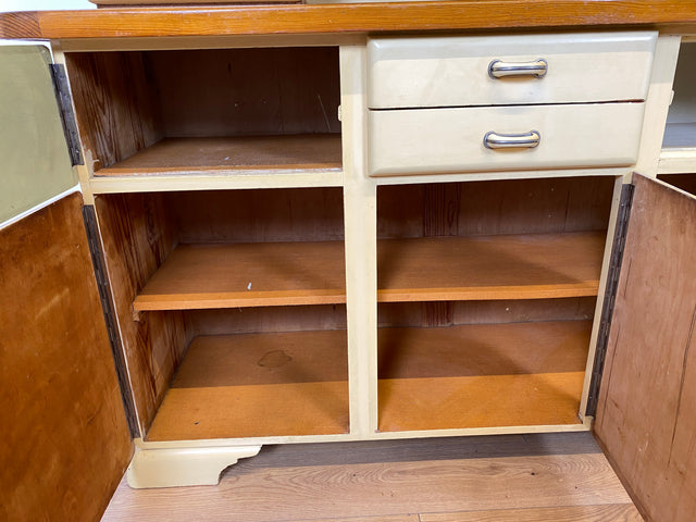 WMK I Schöne 30er Jahre Küchenanrichte aus vollem Holz mit Originalgläsern und Keramik Schütten I Küche Büffet Büfett Küchenschrank Anrichte Kredenz Art Deco Vintage 40er 50er Berlin Dresden Münster