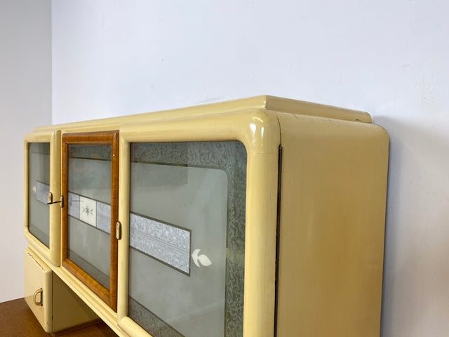 WMK I Schöne 30er Jahre Küchenanrichte aus vollem Holz mit Originalgläsern und Keramik Schütten I Küche Büffet Büfett Küchenschrank Anrichte Kredenz Art Deco Vintage 40er 50er Berlin Dresden Münster