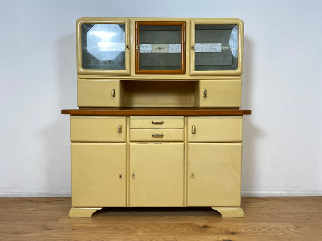 WMK I Schöne 30er Jahre Küchenanrichte aus vollem Holz mit Originalgläsern und Keramik Schütten I Küche Büffet Büfett Küchenschrank Anrichte Kredenz Art Deco Vintage 40er 50er Berlin Dresden Münster