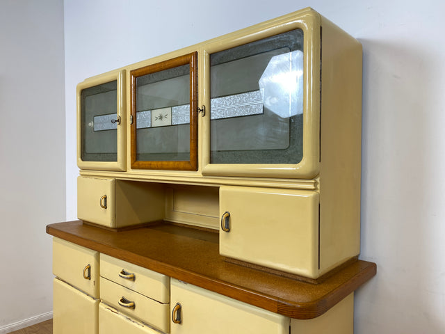 WMK I Schöne 30er Jahre Küchenanrichte aus vollem Holz mit Originalgläsern und Keramik Schütten I Küche Büffet Büfett Küchenschrank Anrichte Kredenz Art Deco Vintage 40er 50er Berlin Dresden Münster