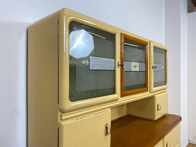 WMK I Schöne 30er Jahre Küchenanrichte aus vollem Holz mit Originalgläsern und Keramik Schütten I Küche Büffet Büfett Küchenschrank Anrichte Kredenz Art Deco Vintage 40er 50er Berlin Dresden Münster