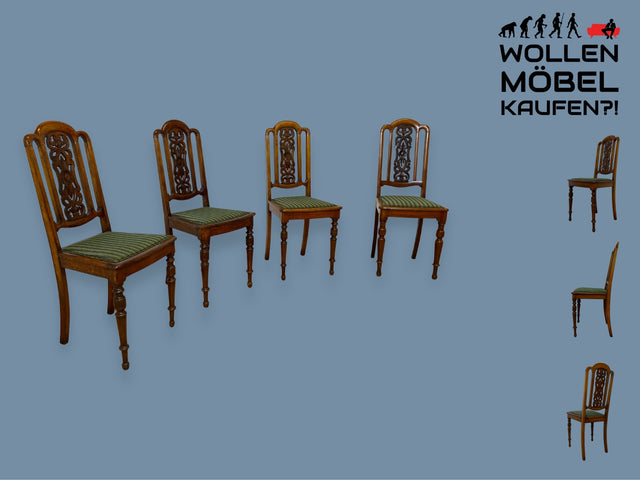 WMK I Set aus 4 eleganten antiken Stühle mit handverzierter durchbrochener Rückenlehne und grünem Sitzbezug I Esszimmerstühle Holzstühle Küchenstühle 4er Gründerzeit Vintage I Berlin München Dresden