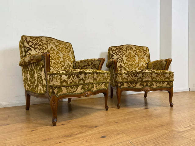 WMK # 1/2 Eleganter, gemütlicher und sehr gut erhaltener Chippendale Sessel mit wunderbarem Brokat Bezug & handverziertem Holzrahmen # Lesesessel Armchair Sitzgarnitur Stilmöbel Barock Rokoko Vintage