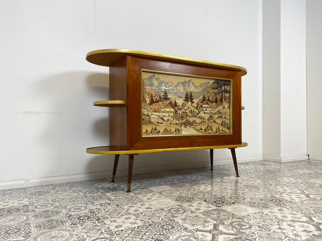 WMK I Ein Unikat I Einzigartige 50er Jahre Bar von Friedrich A. Maschke aus dem Schwarzwald mit handgefertigtem Alpen Relief Gemälde I Hausbar Tresen Wein Schrank Regal Vintage Mid-Century Kunst