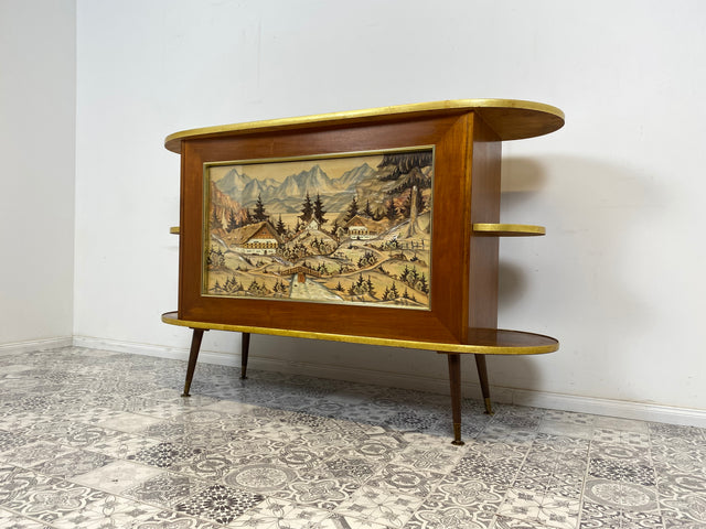 WMK I Ein Unikat I Einzigartige 50er Jahre Bar von Friedrich A. Maschke aus dem Schwarzwald mit handgefertigtem Alpen Relief Gemälde I Hausbar Tresen Wein Schrank Regal Vintage Mid-Century Kunst