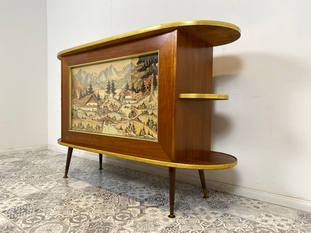 WMK I Ein Unikat I Einzigartige 50er Jahre Bar von Friedrich A. Maschke aus dem Schwarzwald mit handgefertigtem Alpen Relief Gemälde I Hausbar Tresen Wein Schrank Regal Vintage Mid-Century Kunst