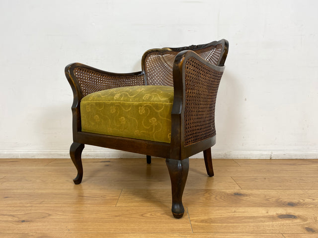 WMK I 1/2 Wunderschöner 50er Jahre Chippendale Sessel mit Wiener Geflecht, gold grünem Originalbezug und Federkern I Clubsessel Lesesessel Armchair Mid-Century Vintage Barock Berlin München Dortmund