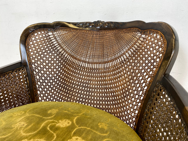 WMK I 1/2 Wunderschöner 50er Jahre Chippendale Sessel mit Wiener Geflecht, gold grünem Originalbezug und Federkern I Clubsessel Lesesessel Armchair Mid-Century Vintage Barock Berlin München Dortmund