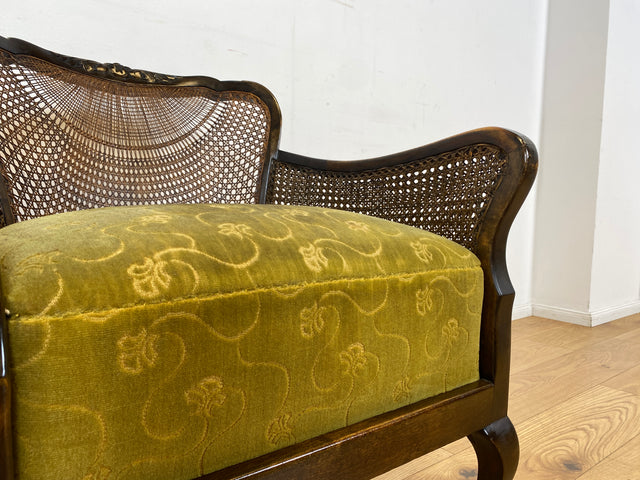 WMK I 1/2 Wunderschöner 50er Jahre Chippendale Sessel mit Wiener Geflecht, gold grünem Originalbezug und Federkern I Clubsessel Lesesessel Armchair Mid-Century Vintage Barock Berlin München Dortmund