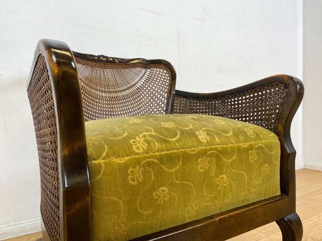 WMK I 1/2 Wunderschöner 50er Jahre Chippendale Sessel mit Wiener Geflecht, gold grünem Originalbezug und Federkern I Clubsessel Lesesessel Armchair Mid-Century Vintage Barock Berlin München Dortmund