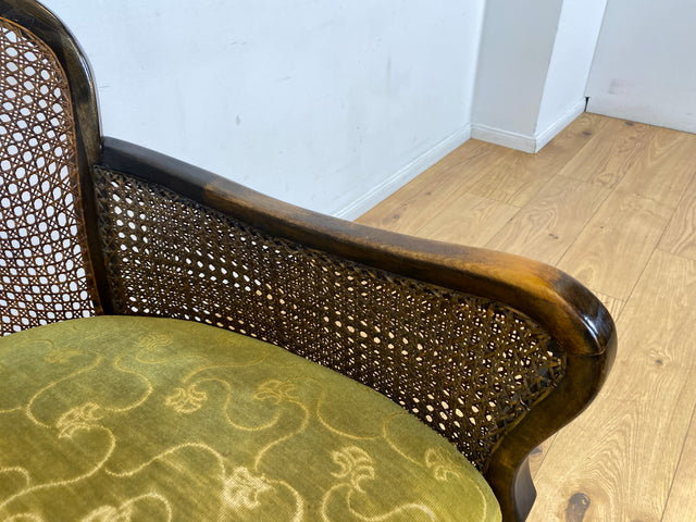 WMK I 1/2 Wunderschöner 50er Jahre Chippendale Sessel mit Wiener Geflecht, gold grünem Originalbezug und Federkern I Clubsessel Lesesessel Armchair Mid-Century Vintage Barock Berlin München Dortmund