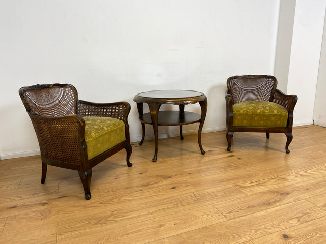 WMK I 1/2 Wunderschöner 50er Jahre Chippendale Sessel mit Wiener Geflecht, gold grünem Originalbezug und Federkern I Clubsessel Lesesessel Armchair Mid-Century Vintage Barock Berlin München Dortmund
