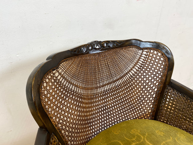 WMK I 1/2 Wunderschöner 50er Jahre Chippendale Sessel mit Wiener Geflecht, gold grünem Originalbezug und Federkern I Clubsessel Lesesessel Armchair Mid-Century Vintage Barock Berlin München Dortmund