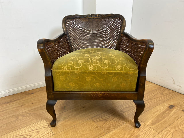 WMK I 1/2 Wunderschöner 50er Jahre Chippendale Sessel mit Wiener Geflecht, gold grünem Originalbezug und Federkern I Clubsessel Lesesessel Armchair Mid-Century Vintage Barock Berlin München Dortmund