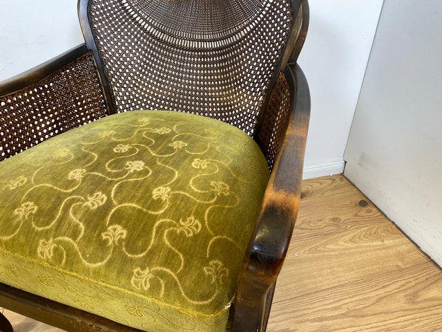 WMK I 1/2 Wunderschöner 50er Jahre Chippendale Sessel mit Wiener Geflecht, gold grünem Originalbezug und Federkern I Clubsessel Lesesessel Armchair Mid-Century Vintage Barock Berlin München Dortmund