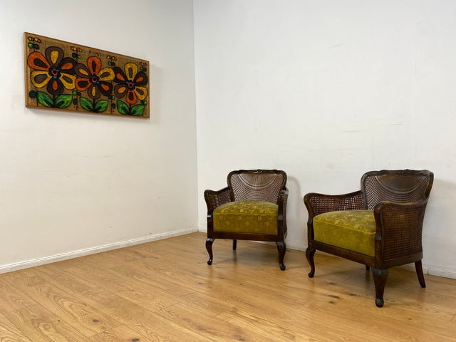 WMK I 1/2 Wunderschöner 50er Jahre Chippendale Sessel mit Wiener Geflecht, gold grünem Originalbezug und Federkern I Clubsessel Lesesessel Armchair Mid-Century Vintage Barock Berlin München Dortmund