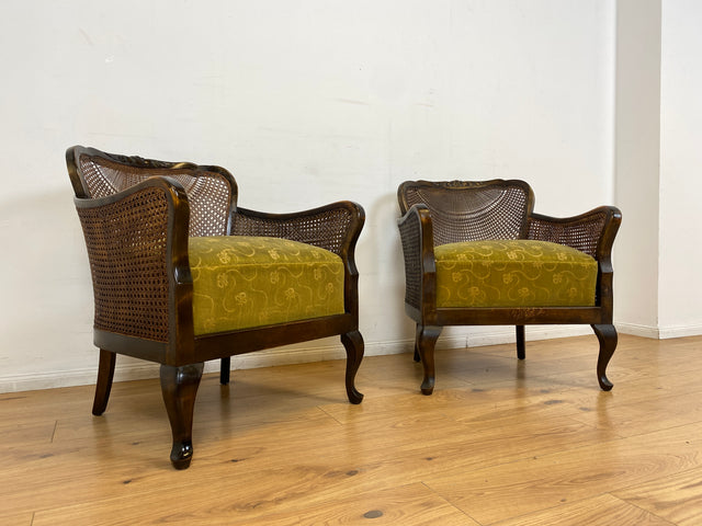 WMK I 1/2 Wunderschöner 50er Jahre Chippendale Sessel mit Wiener Geflecht, gold grünem Originalbezug und Federkern I Clubsessel Lesesessel Armchair Mid-Century Vintage Barock Berlin München Dortmund