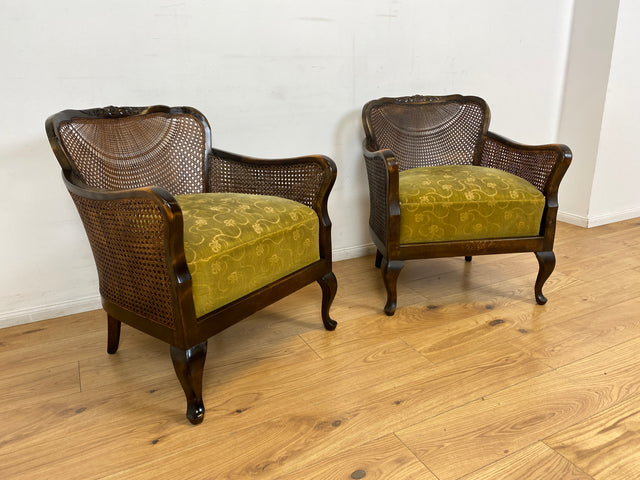 WMK I 1/2 Wunderschöner 50er Jahre Chippendale Sessel mit Wiener Geflecht, gold grünem Originalbezug und Federkern I Clubsessel Lesesessel Armchair Mid-Century Vintage Barock Berlin München Dortmund