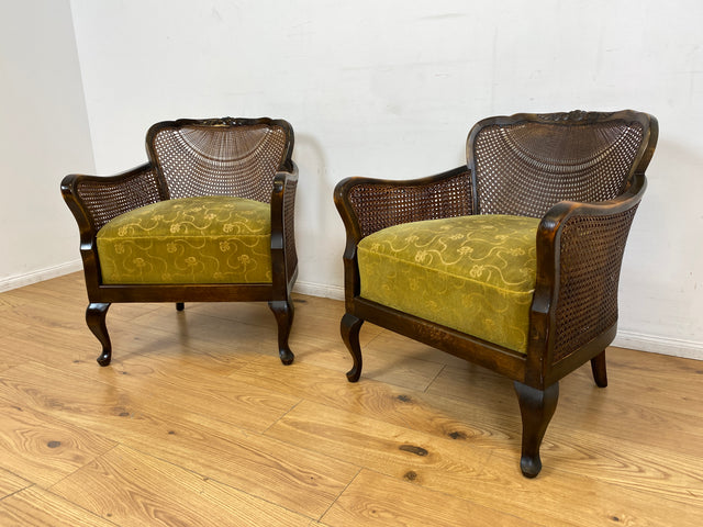 WMK I 1/2 Wunderschöner 50er Jahre Chippendale Sessel mit Wiener Geflecht, gold grünem Originalbezug und Federkern I Clubsessel Lesesessel Armchair Mid-Century Vintage Barock Berlin München Dortmund
