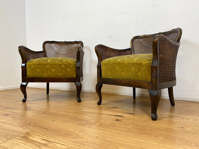 WMK I 1/2 Wunderschöner 50er Jahre Chippendale Sessel mit Wiener Geflecht, gold grünem Originalbezug und Federkern I Clubsessel Lesesessel Armchair Mid-Century Vintage Barock Berlin München Dortmund