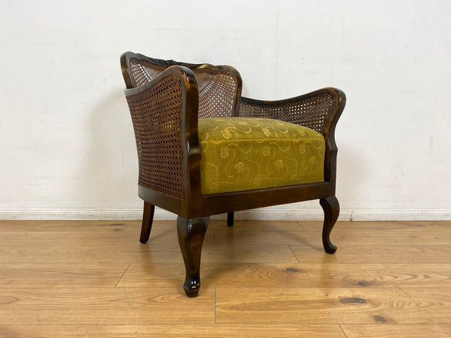 WMK I 1/2 Wunderschöner 50er Jahre Chippendale Sessel mit Wiener Geflecht, gold grünem Originalbezug und Federkern I Clubsessel Lesesessel Armchair Mid-Century Vintage Barock Berlin München Dortmund