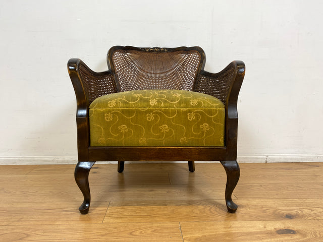 WMK I 1/2 Wunderschöner 50er Jahre Chippendale Sessel mit Wiener Geflecht, gold grünem Originalbezug und Federkern I Clubsessel Lesesessel Armchair Mid-Century Vintage Barock Berlin München Dortmund