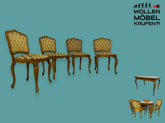 WMK I Set aus 4 besonders schönen 60er Jahre Chippendale Esszimmerstühlen mit hochwertigem Brokatbezug in Gold I Stühle Küchenstühle Holzstühle Dining Chairs 4er Vintage Berlin München Recklinghausen