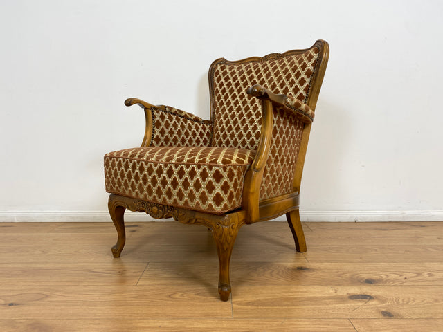 WMK # Eleganter und sehr gut erhaltener 60er Jahre Chippendale Sessel mit wunderbarem Brokat Bezug in Altrosa, feinem Geflecht und Federkern # Lesesessel Armchair Sitzgarnitur Mid-Century Vintage
