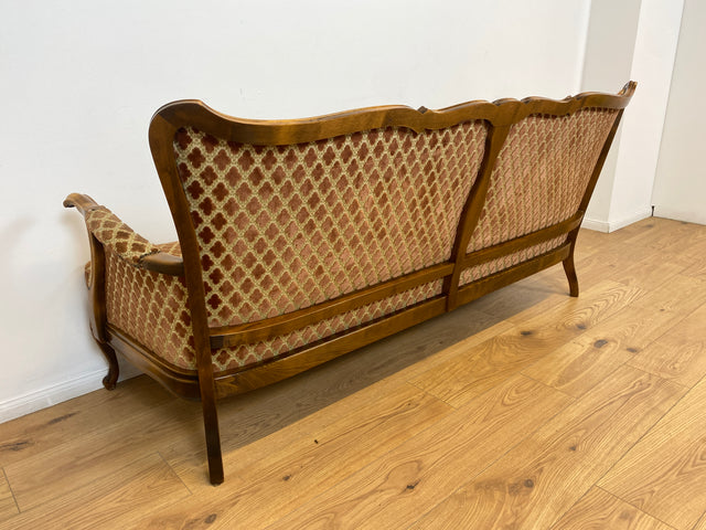 WMK Elegantes und sehr gut erhaltenes 60er Jahre Chippendale Sofa mit wunderbarem Brokat Bezug in Altrosa, feinem Geflecht und Federkern # Couch 3-Sitzer Daybed Sitzgarnitur Mid-Century Vintage