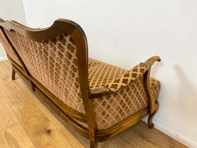 WMK Elegantes und sehr gut erhaltenes 60er Jahre Chippendale Sofa mit wunderbarem Brokat Bezug in Altrosa, feinem Geflecht und Federkern # Couch 3-Sitzer Daybed Sitzgarnitur Mid-Century Vintage