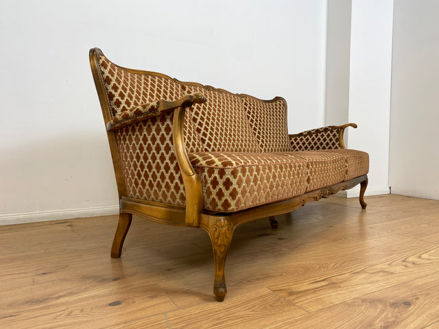 WMK Elegantes und sehr gut erhaltenes 60er Jahre Chippendale Sofa mit wunderbarem Brokat Bezug in Altrosa, feinem Geflecht und Federkern # Couch 3-Sitzer Daybed Sitzgarnitur Mid-Century Vintage