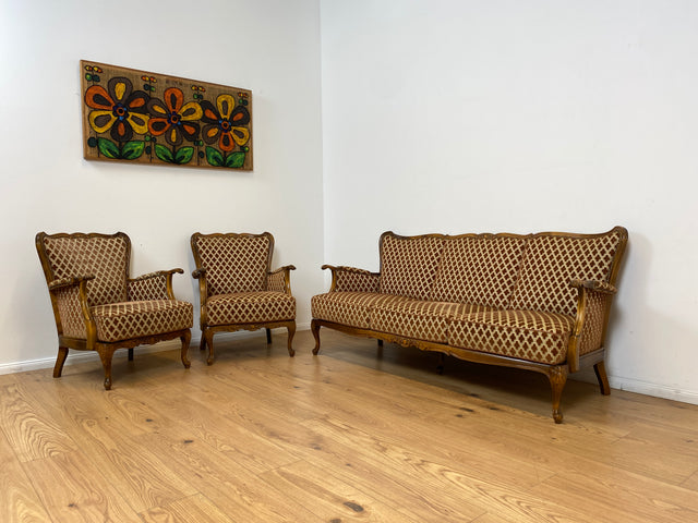 WMK Elegantes und sehr gut erhaltenes 60er Jahre Chippendale Sofa mit wunderbarem Brokat Bezug in Altrosa, feinem Geflecht und Federkern # Couch 3-Sitzer Daybed Sitzgarnitur Mid-Century Vintage