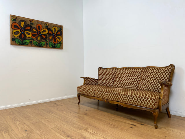 WMK Elegantes und sehr gut erhaltenes 60er Jahre Chippendale Sofa mit wunderbarem Brokat Bezug in Altrosa, feinem Geflecht und Federkern # Couch 3-Sitzer Daybed Sitzgarnitur Mid-Century Vintage