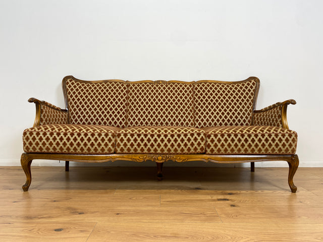WMK Elegantes und sehr gut erhaltenes 60er Jahre Chippendale Sofa mit wunderbarem Brokat Bezug in Altrosa, feinem Geflecht und Federkern # Couch 3-Sitzer Daybed Sitzgarnitur Mid-Century Vintage