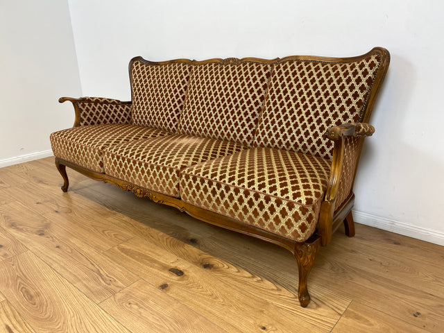 WMK Elegantes und sehr gut erhaltenes 60er Jahre Chippendale Sofa mit wunderbarem Brokat Bezug in Altrosa, feinem Geflecht und Federkern # Couch 3-Sitzer Daybed Sitzgarnitur Mid-Century Vintage