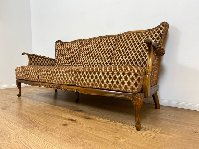 WMK Elegantes und sehr gut erhaltenes 60er Jahre Chippendale Sofa mit wunderbarem Brokat Bezug in Altrosa, feinem Geflecht und Federkern # Couch 3-Sitzer Daybed Sitzgarnitur Mid-Century Vintage
