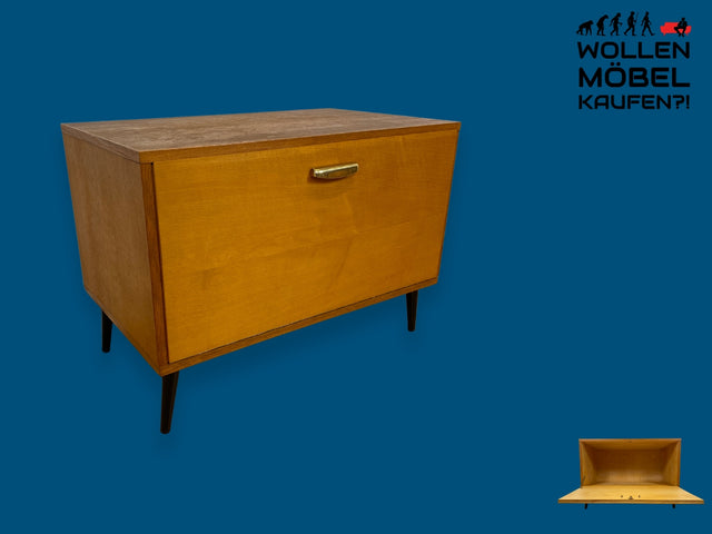 WMK I Hochwertige 60er Jahre Kommode aus vollem Holz mit Klappe & Messinggriff I Schrank Sideboard Lowboard Barkommode Barschrank Wäschekommode Mid-Century Vintage Retro DDR I Berlin Freiburg München
