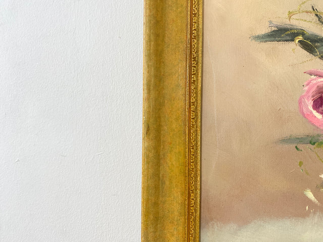 WMK I Versand möglich I Stimmiges und sehr gut gemaltes 60er Jahre Öl auf Leinwand Stillleben Gemälde in goldenem Stuck auf Holz Bilderrahmen I Ölbild Ölgemälde Bild Blumenstrauß Blumen Gold Vintage