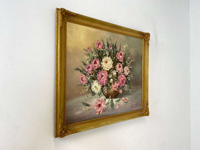 WMK I Versand möglich I Stimmiges und sehr gut gemaltes 60er Jahre Öl auf Leinwand Stillleben Gemälde in goldenem Stuck auf Holz Bilderrahmen I Ölbild Ölgemälde Bild Blumenstrauß Blumen Gold Vintage