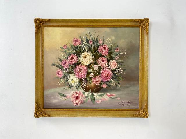 WMK I Versand möglich I Stimmiges und sehr gut gemaltes 60er Jahre Öl auf Leinwand Stillleben Gemälde in goldenem Stuck auf Holz Bilderrahmen I Ölbild Ölgemälde Bild Blumenstrauß Blumen Gold Vintage