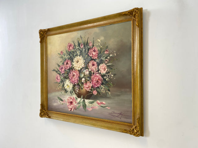 WMK I Versand möglich I Stimmiges und sehr gut gemaltes 60er Jahre Öl auf Leinwand Stillleben Gemälde in goldenem Stuck auf Holz Bilderrahmen I Ölbild Ölgemälde Bild Blumenstrauß Blumen Gold Vintage