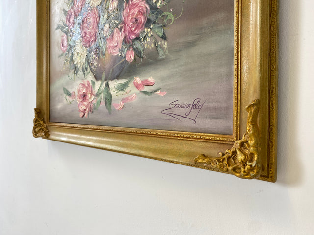 WMK I Versand möglich I Stimmiges und sehr gut gemaltes 60er Jahre Öl auf Leinwand Stillleben Gemälde in goldenem Stuck auf Holz Bilderrahmen I Ölbild Ölgemälde Bild Blumenstrauß Blumen Gold Vintage