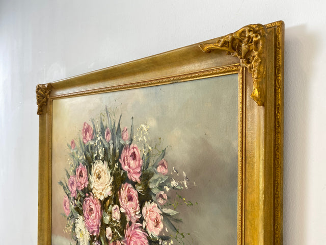 WMK I Versand möglich I Stimmiges und sehr gut gemaltes 60er Jahre Öl auf Leinwand Stillleben Gemälde in goldenem Stuck auf Holz Bilderrahmen I Ölbild Ölgemälde Bild Blumenstrauß Blumen Gold Vintage