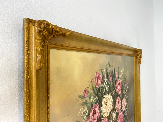 WMK I Versand möglich I Stimmiges und sehr gut gemaltes 60er Jahre Öl auf Leinwand Stillleben Gemälde in goldenem Stuck auf Holz Bilderrahmen I Ölbild Ölgemälde Bild Blumenstrauß Blumen Gold Vintage