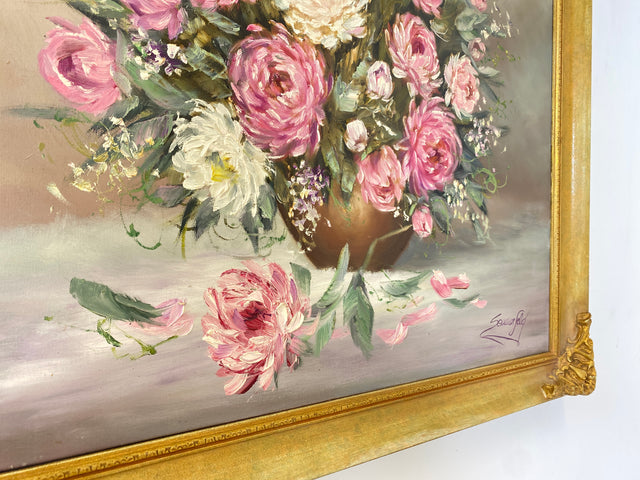 WMK I Versand möglich I Stimmiges und sehr gut gemaltes 60er Jahre Öl auf Leinwand Stillleben Gemälde in goldenem Stuck auf Holz Bilderrahmen I Ölbild Ölgemälde Bild Blumenstrauß Blumen Gold Vintage