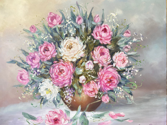 WMK I Versand möglich I Stimmiges und sehr gut gemaltes 60er Jahre Öl auf Leinwand Stillleben Gemälde in goldenem Stuck auf Holz Bilderrahmen I Ölbild Ölgemälde Bild Blumenstrauß Blumen Gold Vintage