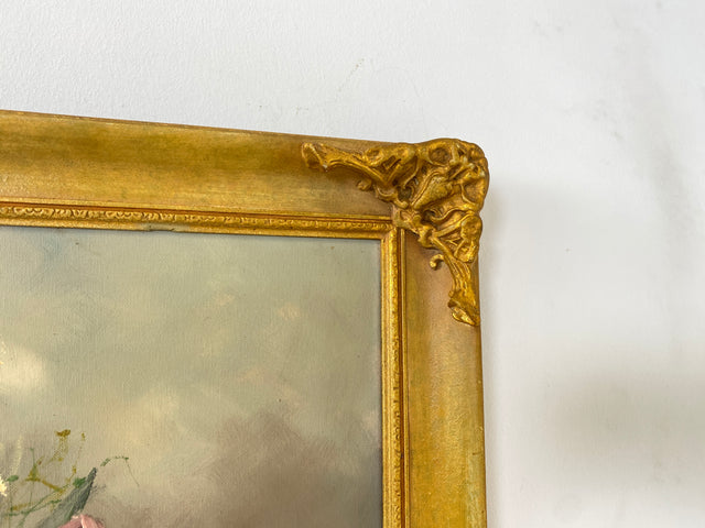 WMK I Versand möglich I Stimmiges und sehr gut gemaltes 60er Jahre Öl auf Leinwand Stillleben Gemälde in goldenem Stuck auf Holz Bilderrahmen I Ölbild Ölgemälde Bild Blumenstrauß Blumen Gold Vintage