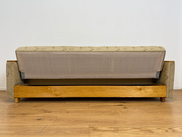WMK # Formschlichtes und sehr gut erhaltenes 60er Jahre Sofa mit Schlaffunktion, Bettwäschefach, Federkern und freundlichem Originalbezug # Couch Schlafsofa Schlafcouch Klappcouch Mid-Century Vintage