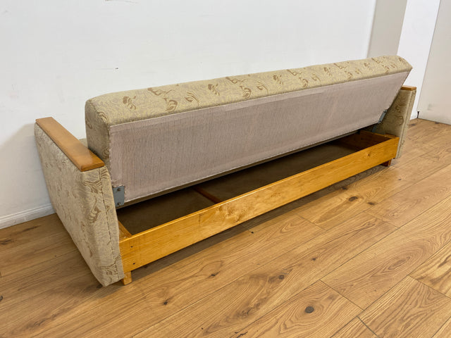 WMK # Formschlichtes und sehr gut erhaltenes 60er Jahre Sofa mit Schlaffunktion, Bettwäschefach, Federkern und freundlichem Originalbezug # Couch Schlafsofa Schlafcouch Klappcouch Mid-Century Vintage